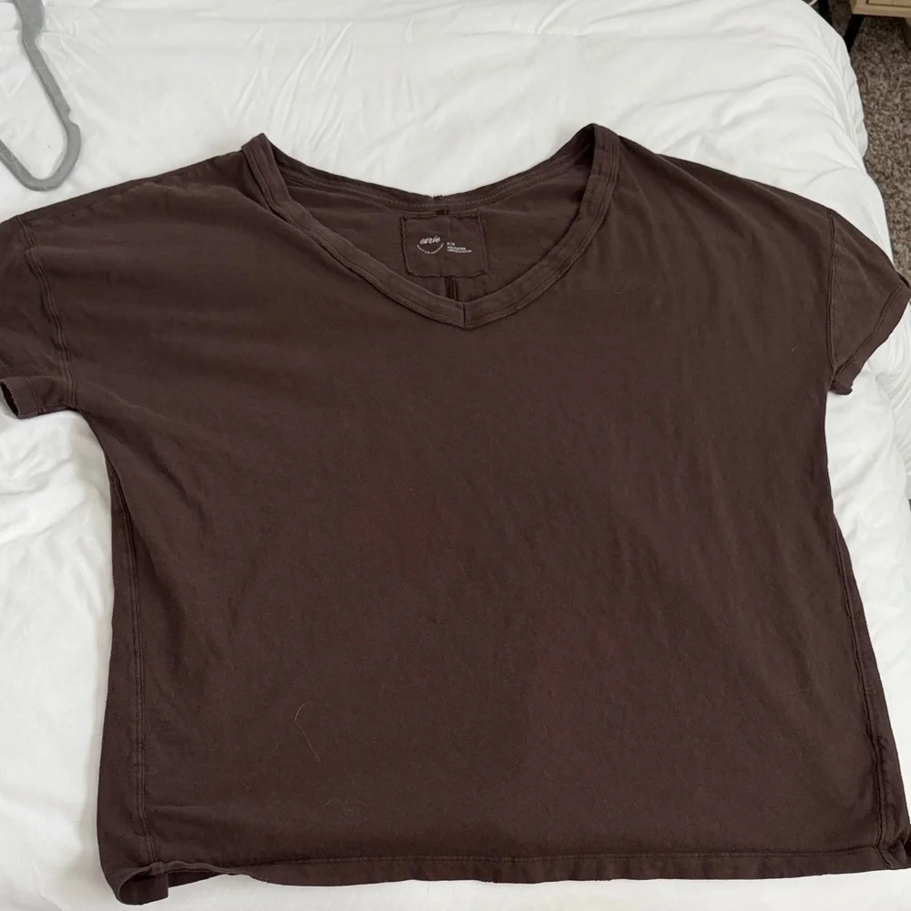 Aerie Dark Brown V-Neck Short Sleeve Tee - Picture 1 of 3